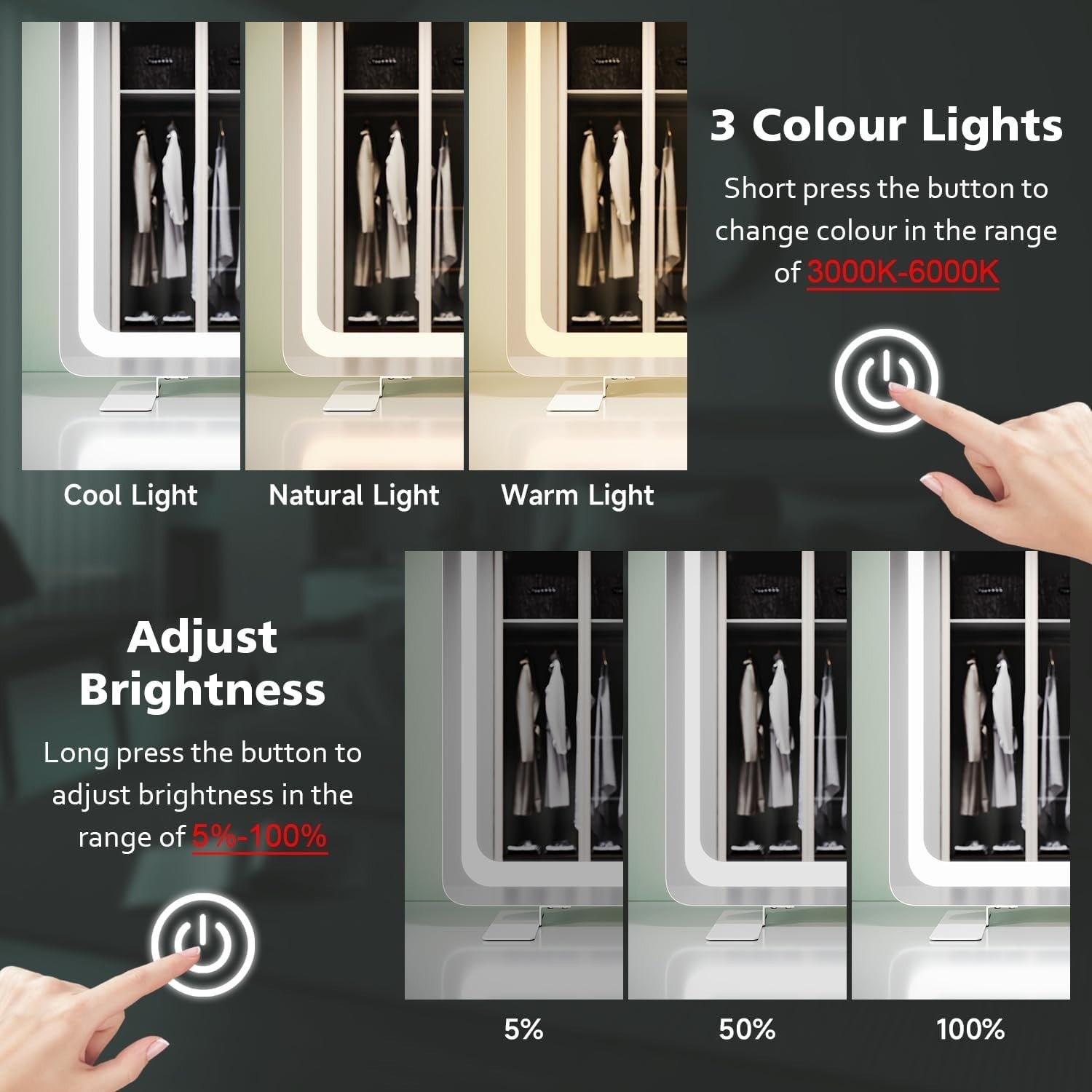 Lighted Vanity Mirror 100x70cm | 3 Color Dimmable LED | Touch Control
