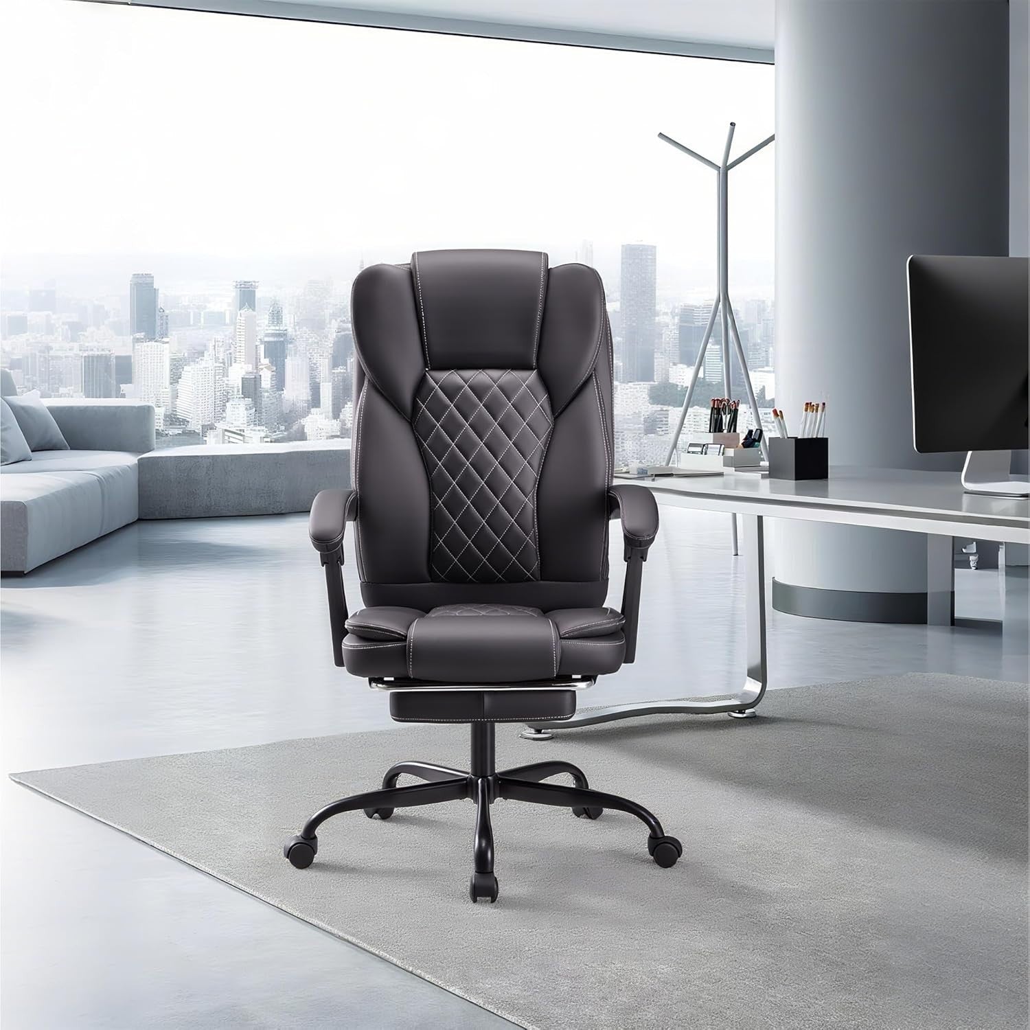 Ergonomic Executive Office Chair Adjustable Height Upholstered Leather Foot Rest