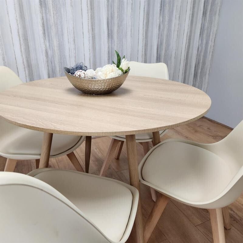 Round Wooden Dining Table Set with 4 White Chairs for Kitchen or Home