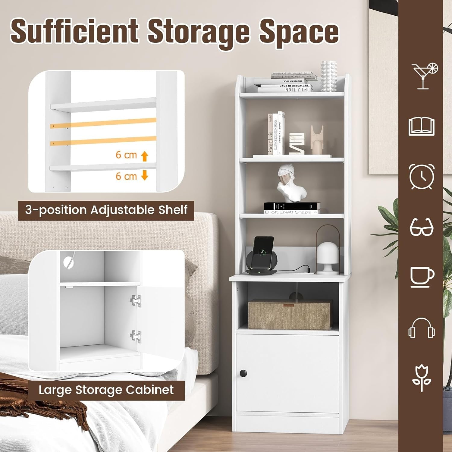 140cm Tall White Bedside Table with Charging Station & Adjustable Bookshelf Stor
