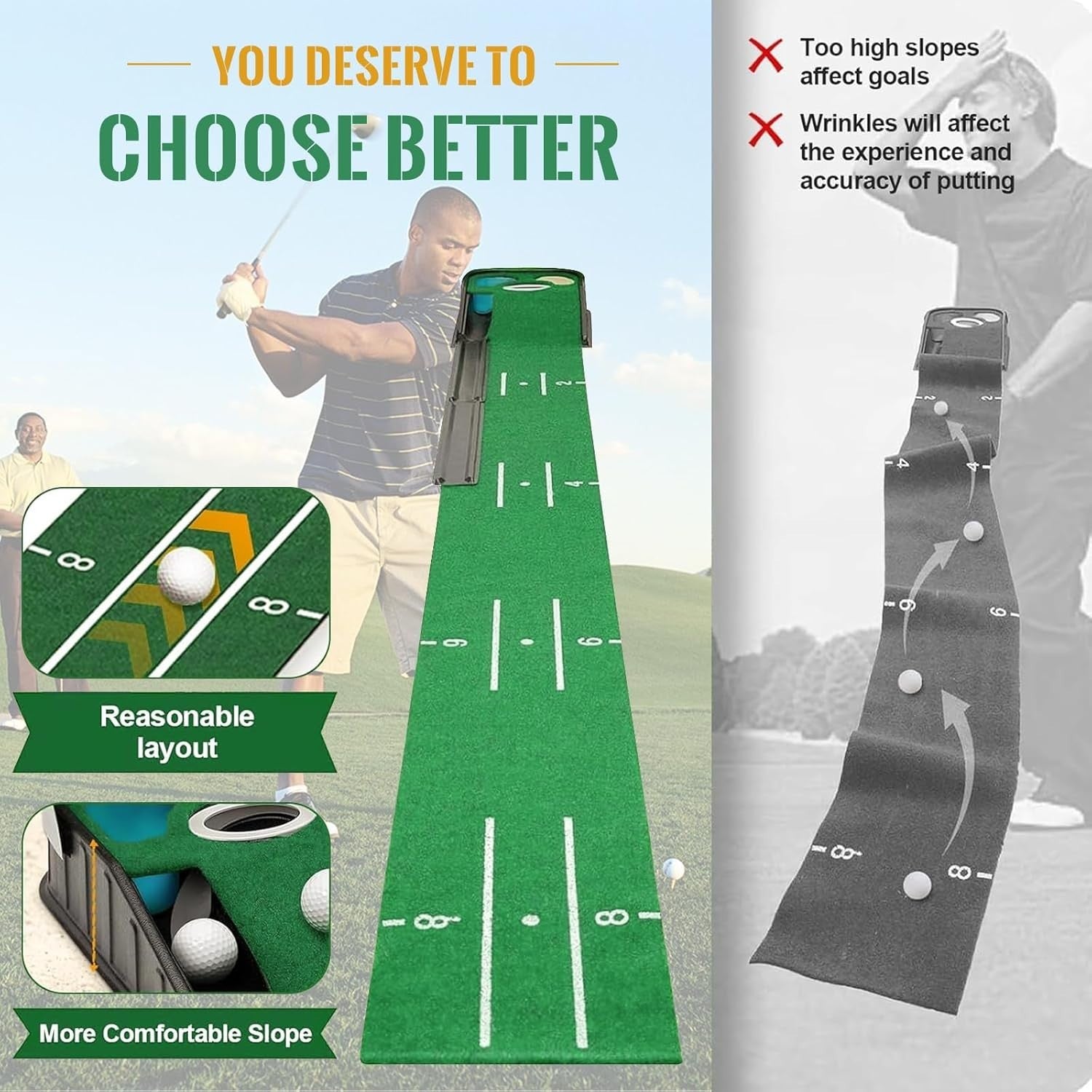 Golf Putting Mat Indoor Training Green Auto Ball Return 3 Holes