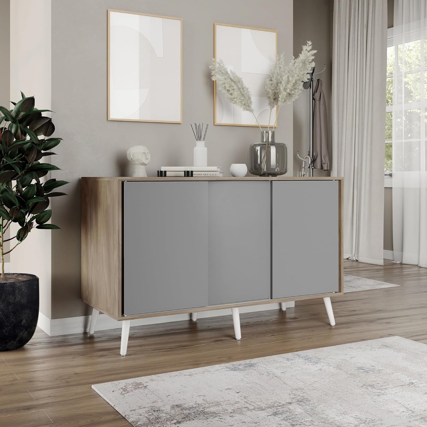 Oak Sideboard Cabinet Grey Sliding Doors Wooden Legs Storage Cupboard