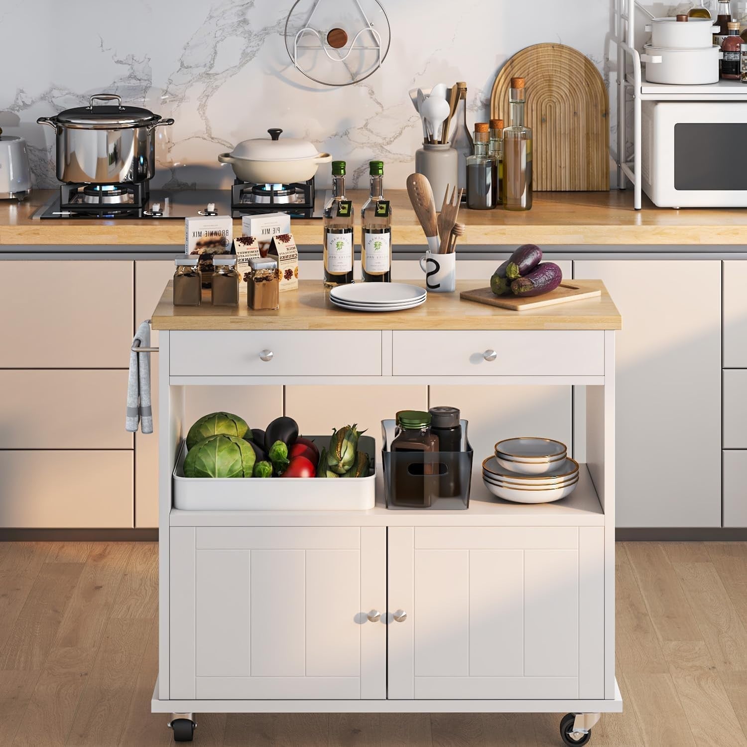 Rolling Kitchen Island Cart with Dual-Top, Drawers & Lockable Wheels 90x40x92cm
