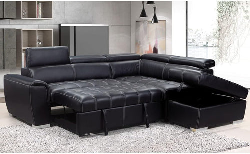 Black Leather Corner Sofa Bed w/ Storage Ottoman – L Shape, Right Hand, 4-5 Seat