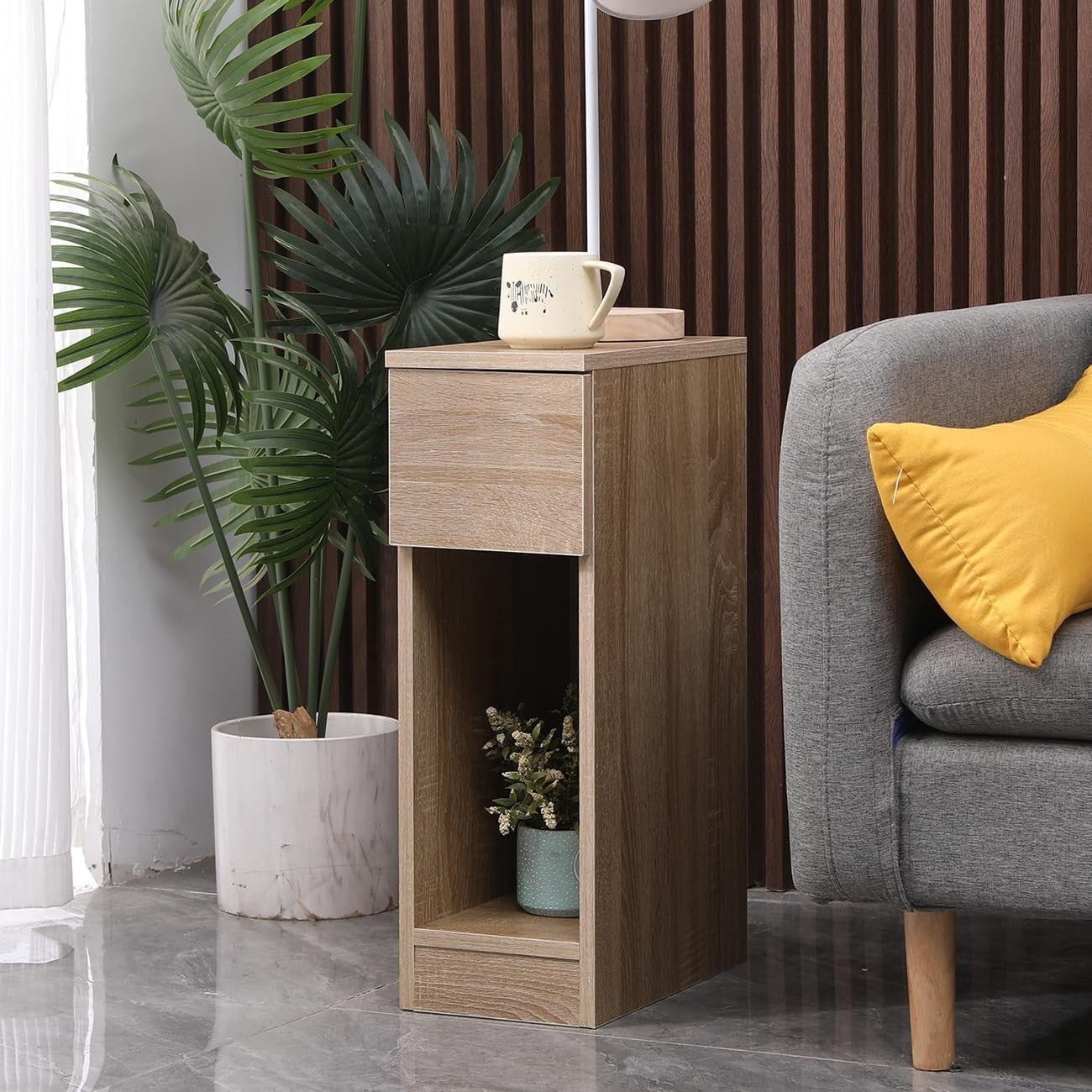 Slim Walnut Bedside Table with Drawer & Shelf, Narrow Nightstand for Small Rooms