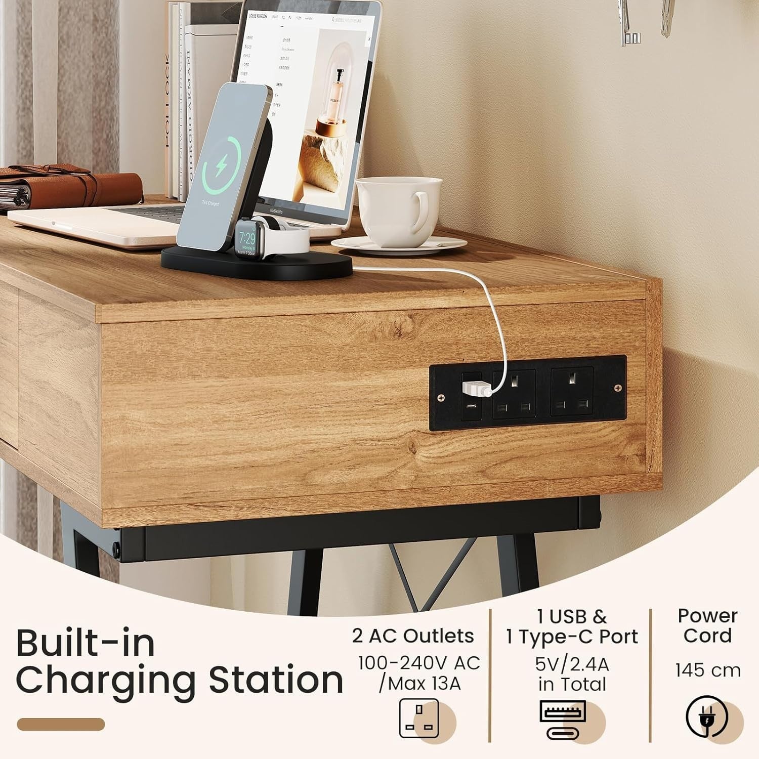 Flip Top Vanity Table Desk w/Mirror & Charging Station Rustic Wood Black