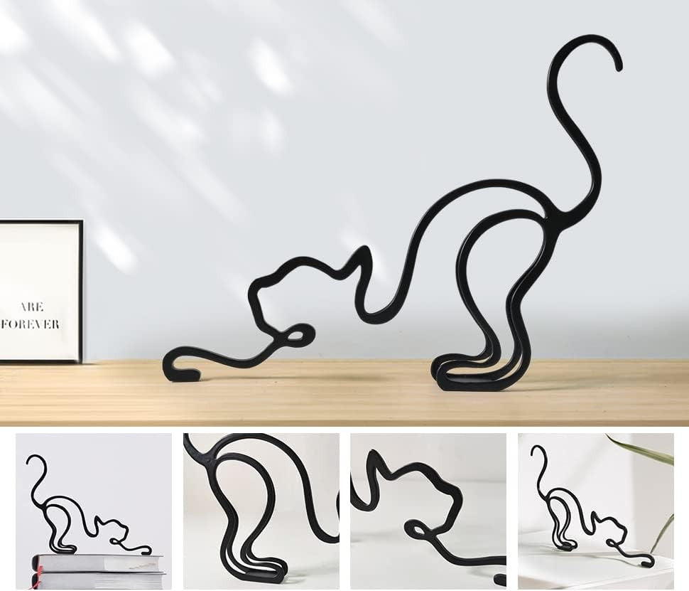 Black Metal Cat Wall Sculpture – Minimalist Abstract Line Art Decor