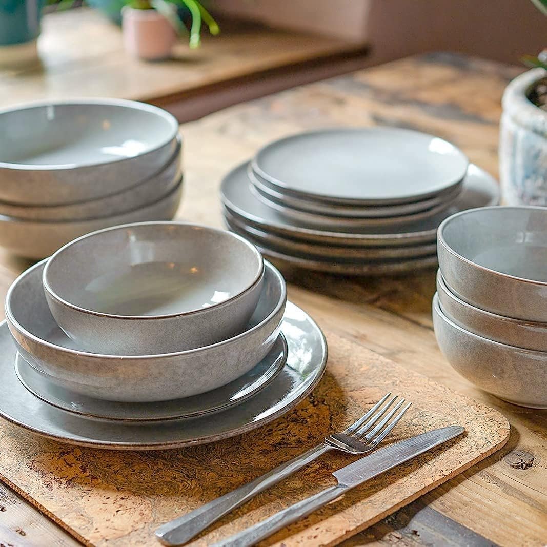 16pc Grey Stoneware Dinner Set Plates Bowls Microwave Dishwasher Safe