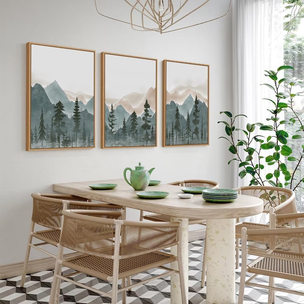 Mountain Forest Framed Canvas Wall Art Set 3 Nature Landscape Home Decor