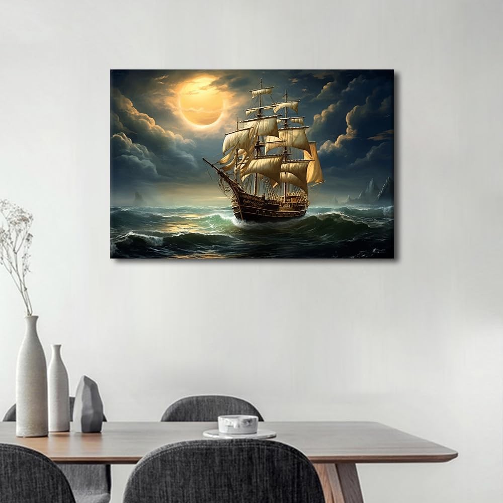 Old Sailing Ship Canvas Wall Art Moonlit Sea Living Room Bedroom Decor 24x16