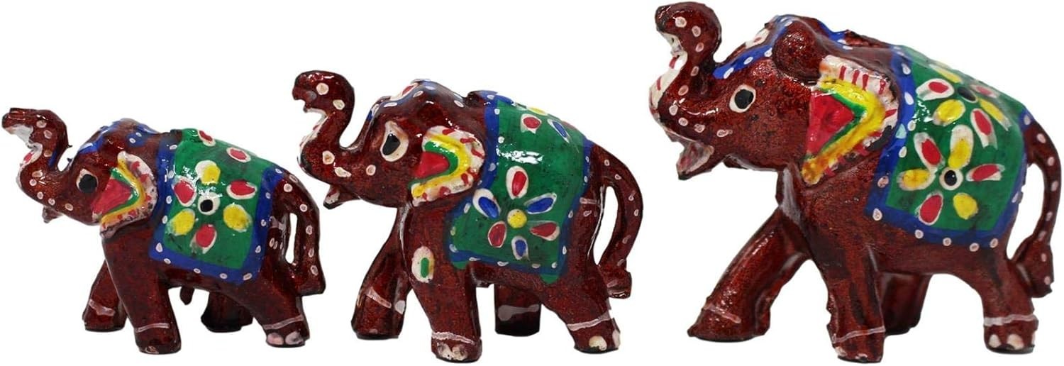 Hand Painted Elephant Ornaments Set of 3 | Colourful Decor Figurines