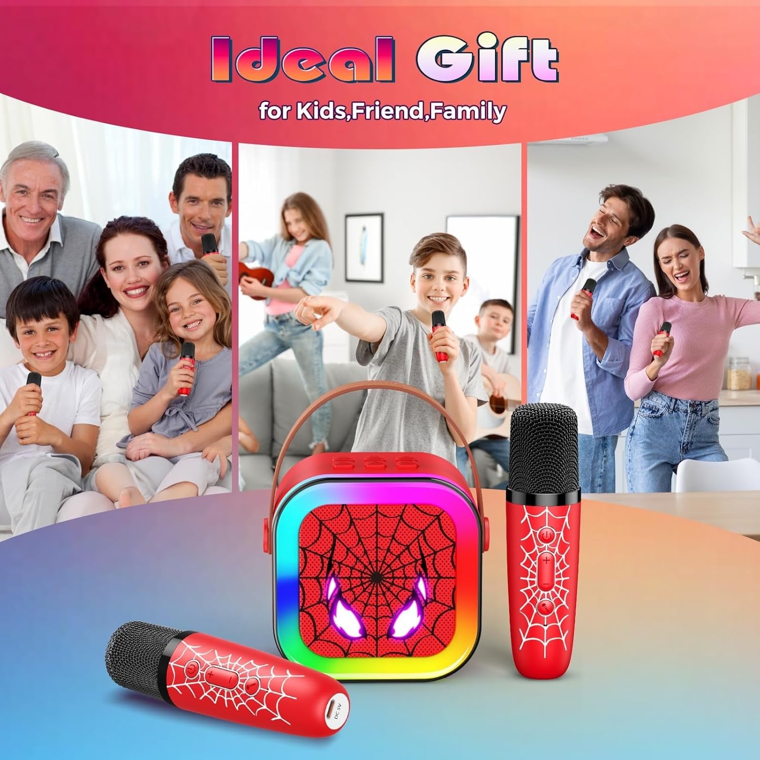 Kids Karaoke Machine 2 Wireless Mics Bluetooth LED