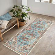 Washable Runner Rug 80x150cm Vintage Cyan Blue Salmon Non-Slip Soft Hallway Mat