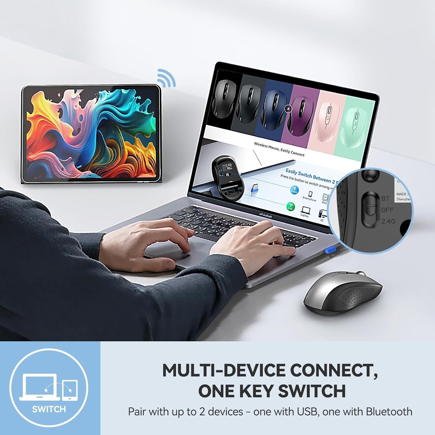 Slim Wireless Bluetooth Mouse 4000 DPI Multi Device Ergonomic Silent Clicks