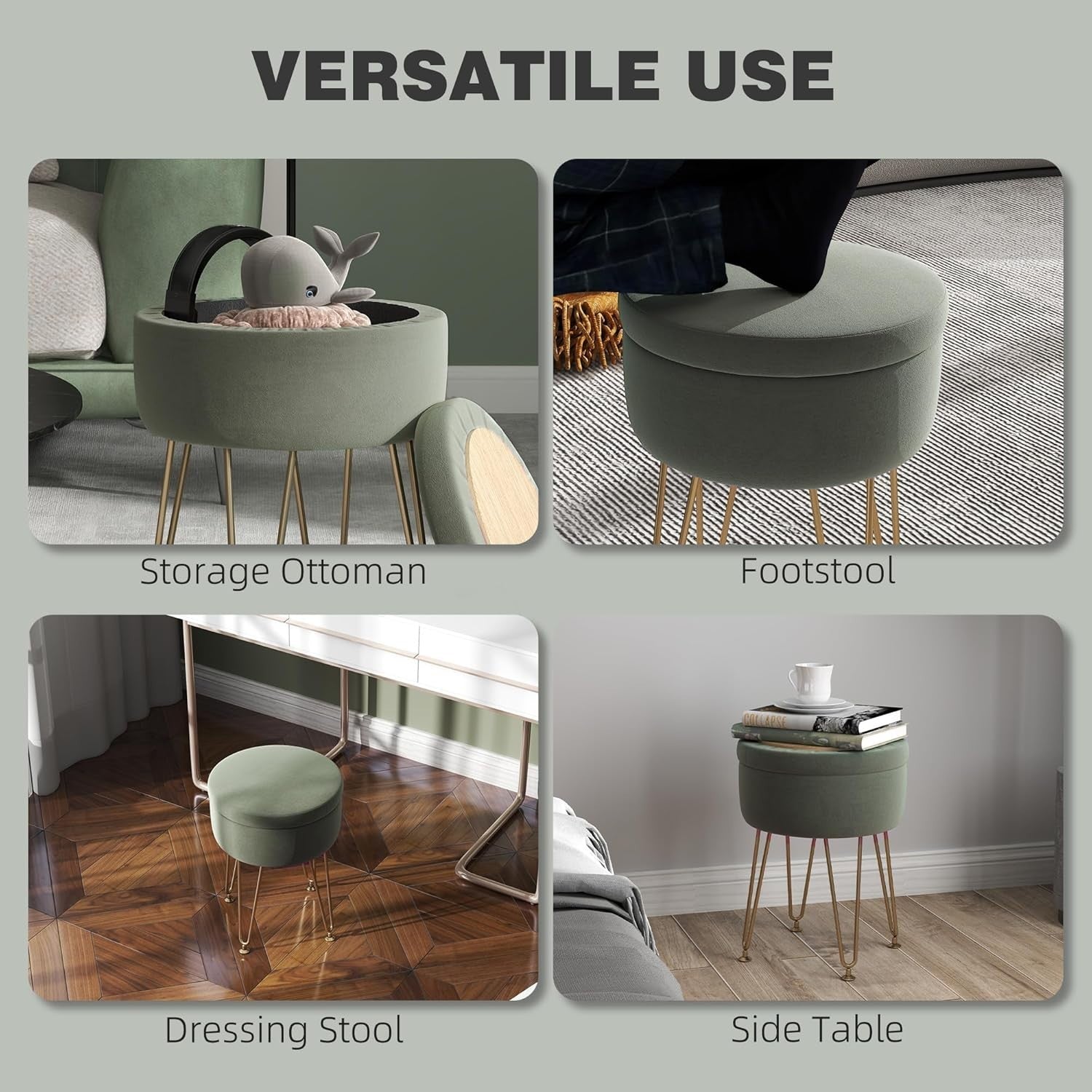Green Velvet Storage Ottoman Round Footstool Hairpin Leg Stool 33x43cm