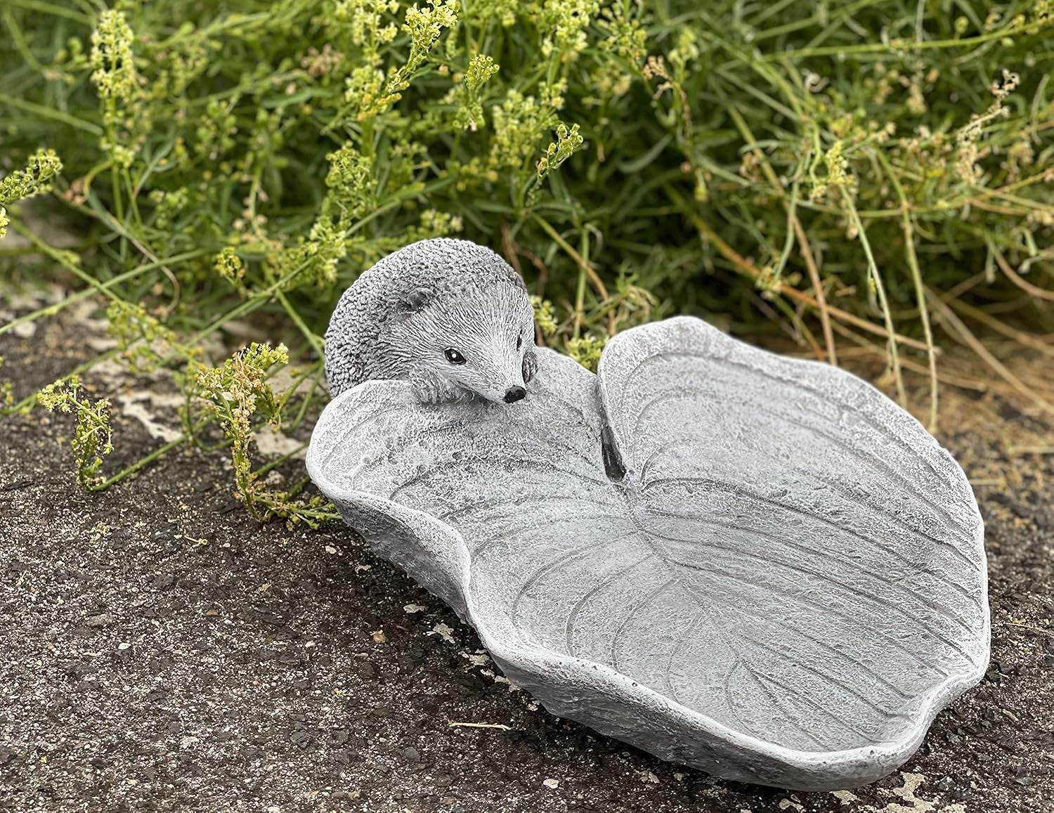 Hedgehog Leaf Stone Bird Bath Outdoor Garden Ornament Frost-Proof