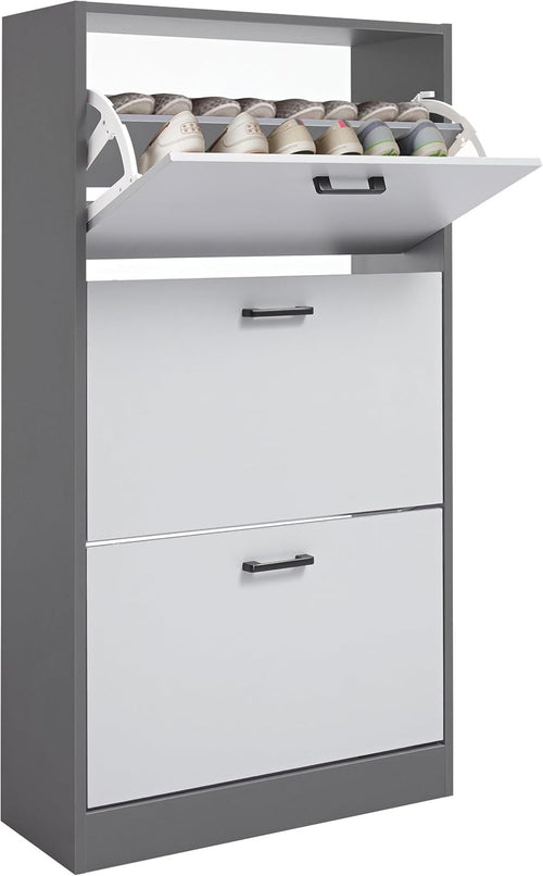 Silver & Dark Grey 3 Drawer Shoe Cabinet with Shelf, Modern Slim Storage Unit