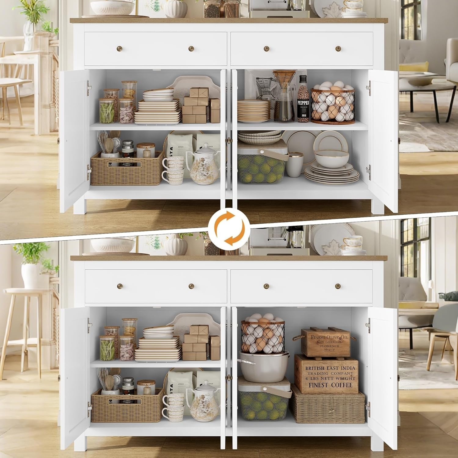 Large White Kitchen Sideboard 4 Doors 2 Drawers Adjustable Shelves Storage