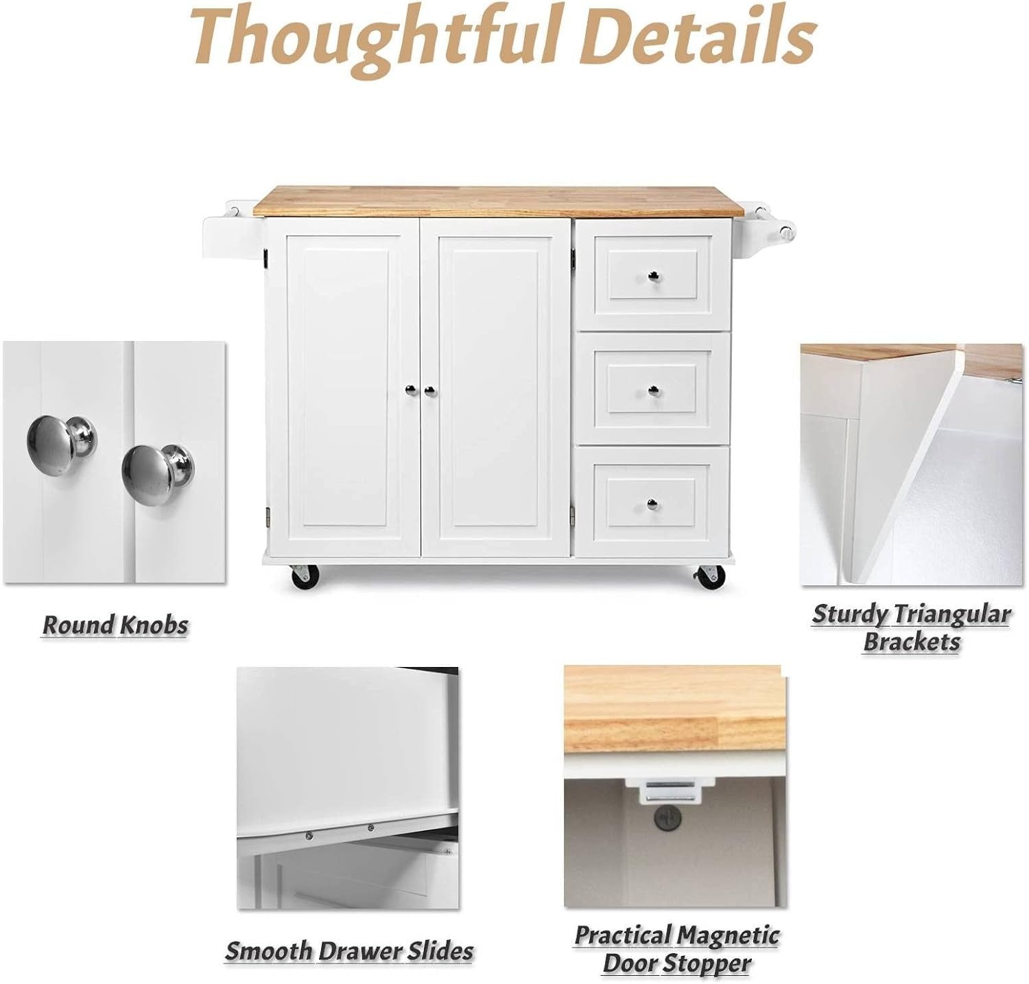 111cm White Kitchen Island Cart Extendable 3 Drawers