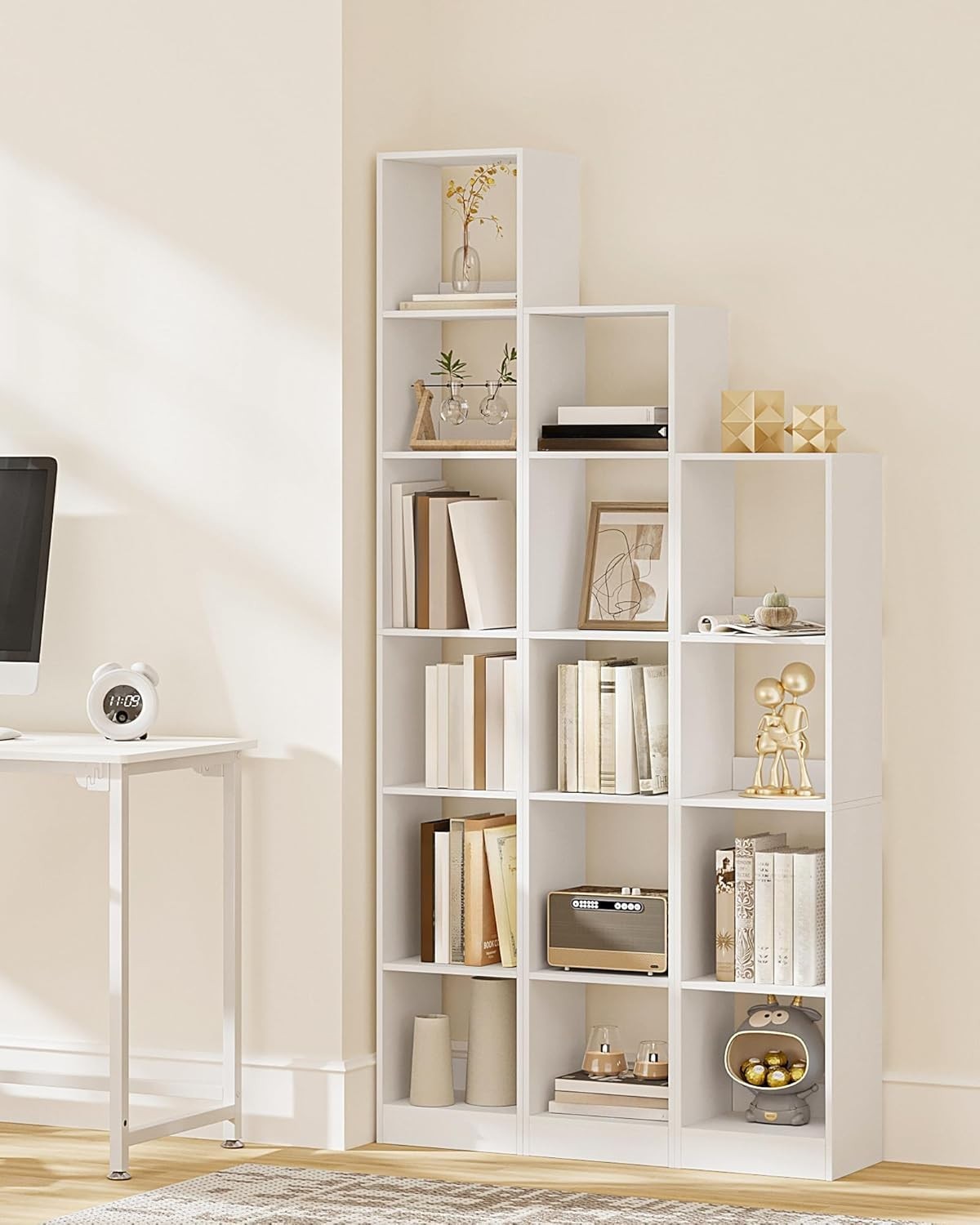 Modern 6-Tier White Wooden Bookshelf, Adjustable Shelves, 24x30x184 cm
