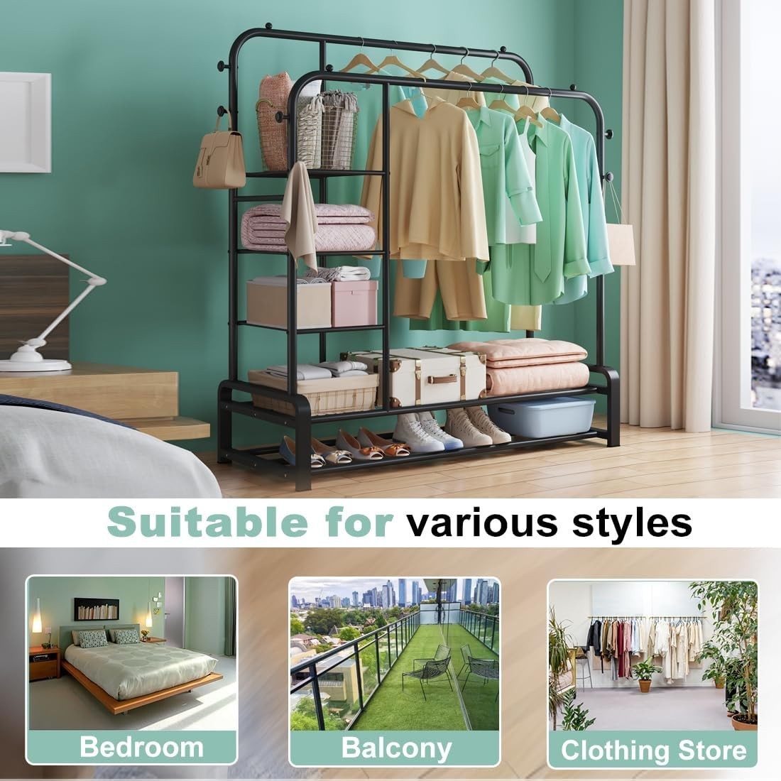Heavy Duty Clothes Rail with Shelves & Hooks – Black 110×145cm