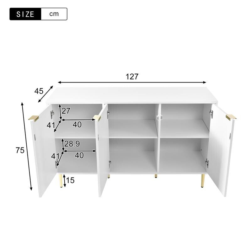 Modern White Storage Cabinet with Gold Legs – 4-Door Sideboard Unit 127cm