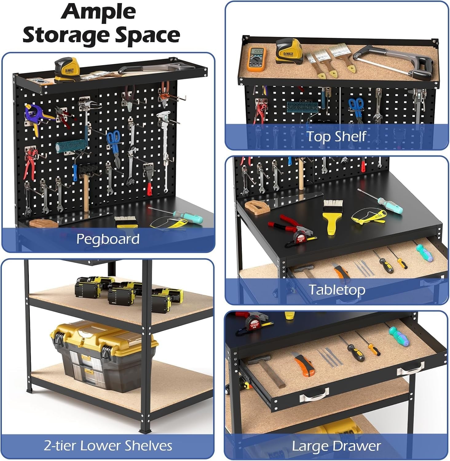 Heavy Duty Garage Workbench with Pegboards Drawer Shelves 290kg Tool Station