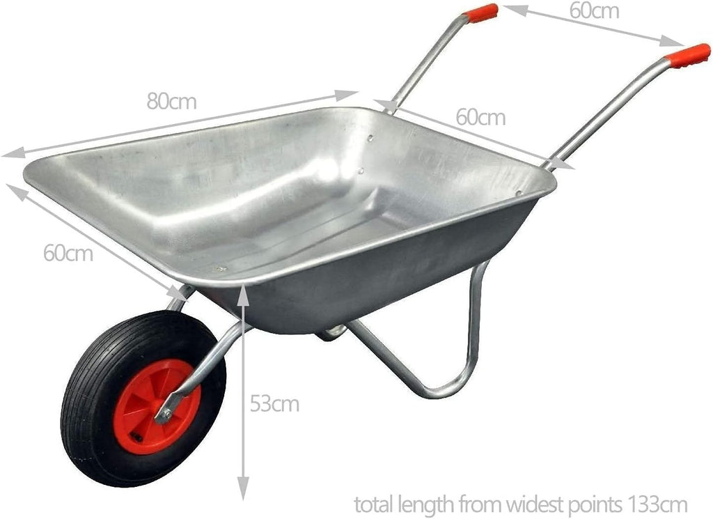 65L Galvanised Wheelbarrow – Steel Tub w/ Pneumatic Tyre & Red Handles 60kg