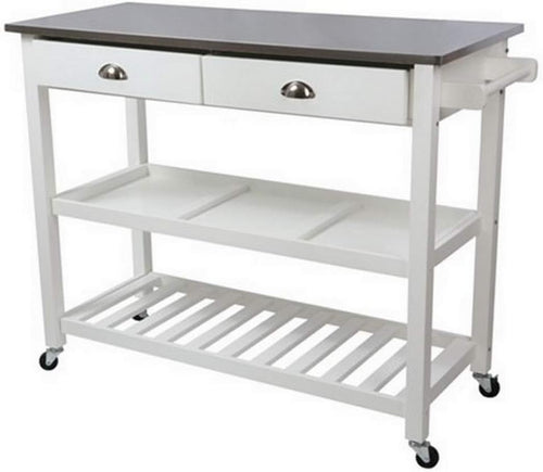 Kitchen Island Trolley Stainless Steel Top White Rolling Storage Cart Drawers