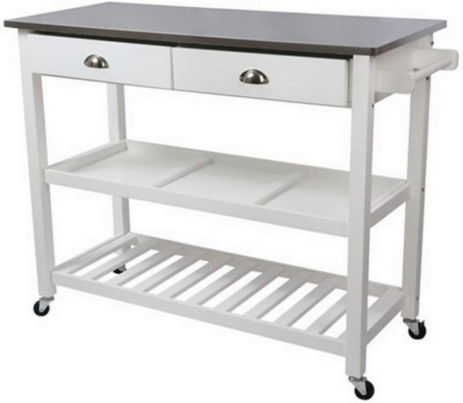 Kitchen Island Trolley Stainless Steel Top White Rolling Storage Cart Drawers