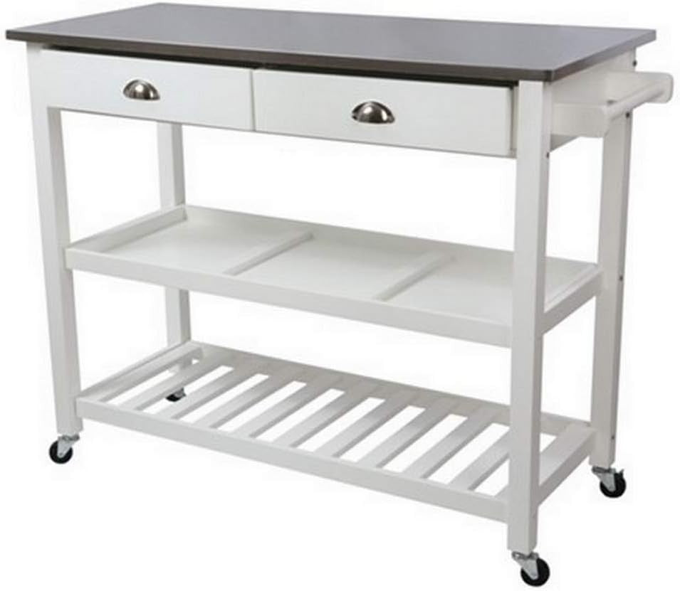 Kitchen Island Trolley Stainless Steel Top White Rolling Storage Cart Drawers