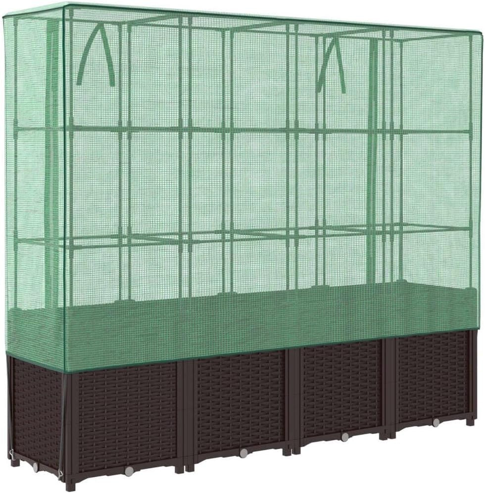 Raised Garden Bed Planter 160x40x53cm with Greenhouse Cover – Brown Rattan