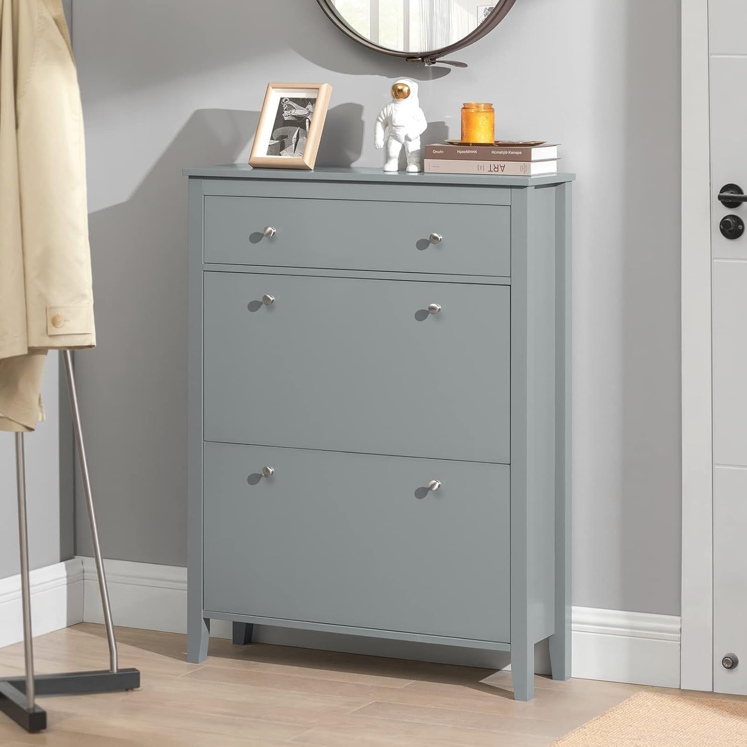 Slim Modern Grey Shoe Cabinet with Drawer & Flip Doors, 12-Pair Storage