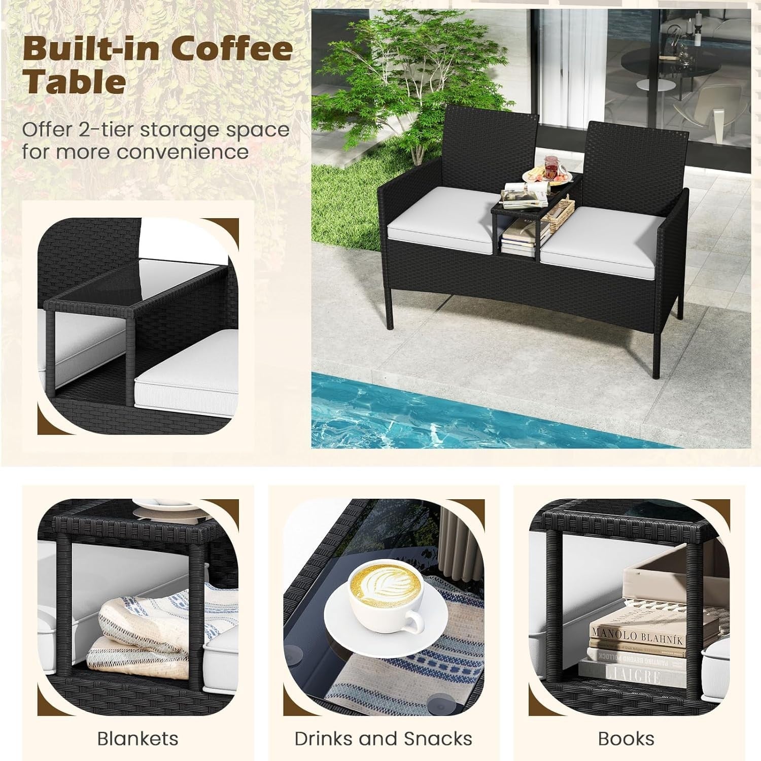 2 Seater Outdoor Rattan Sofa with Glass Table Patio Garden Love Seat Beige