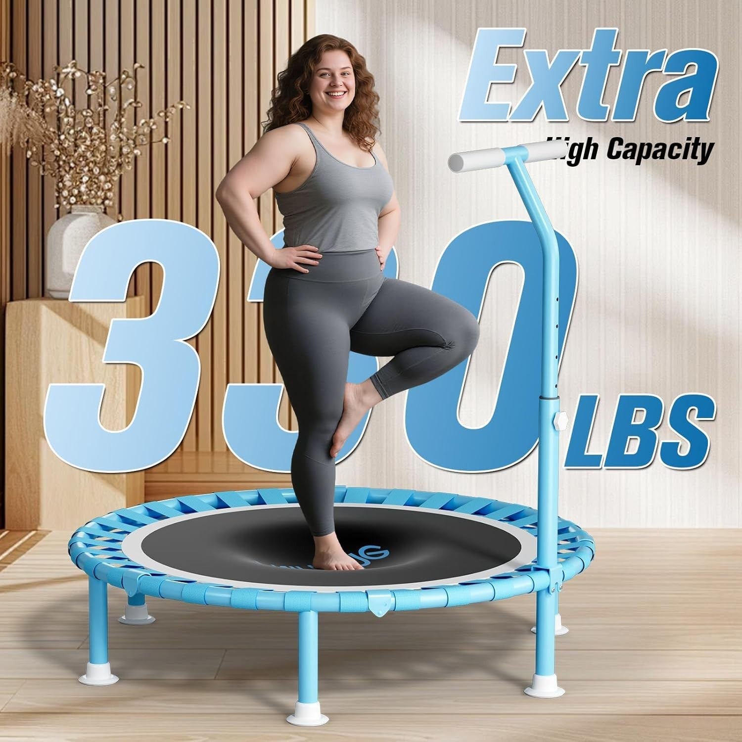 40” Folding Mini Trampoline Indoor Rebounder w T Handle Quiet 150KG