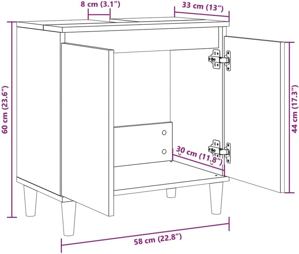 Sonoma Oak Under Sink Bathroom Cabinet 58x33x60cm – Modern Vanity Storage Unit