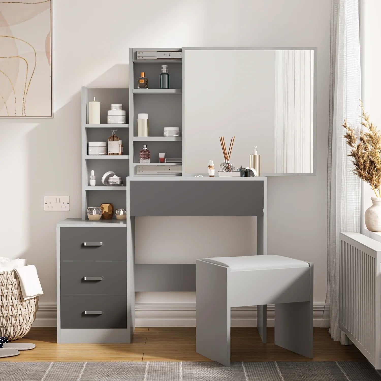 Modern Vanity Table with Sliding Mirror Storage 4 Drawers Dresser Dark Grey