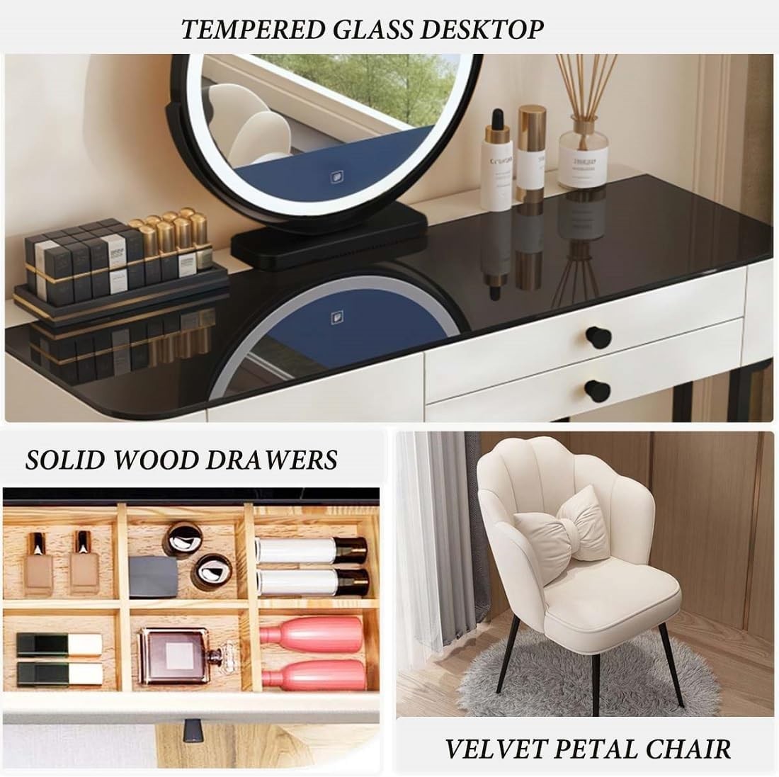 Smart Makeup Vanity Dressing Table Desk w/ 3-Color LED Mirror & Wireless Charge
