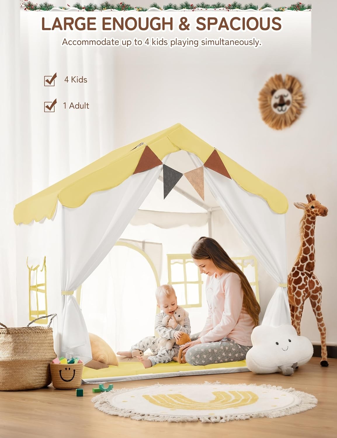 Yellow Kids Castle Tent Bed Canopy with Lights & Mat Indoor Playhouse