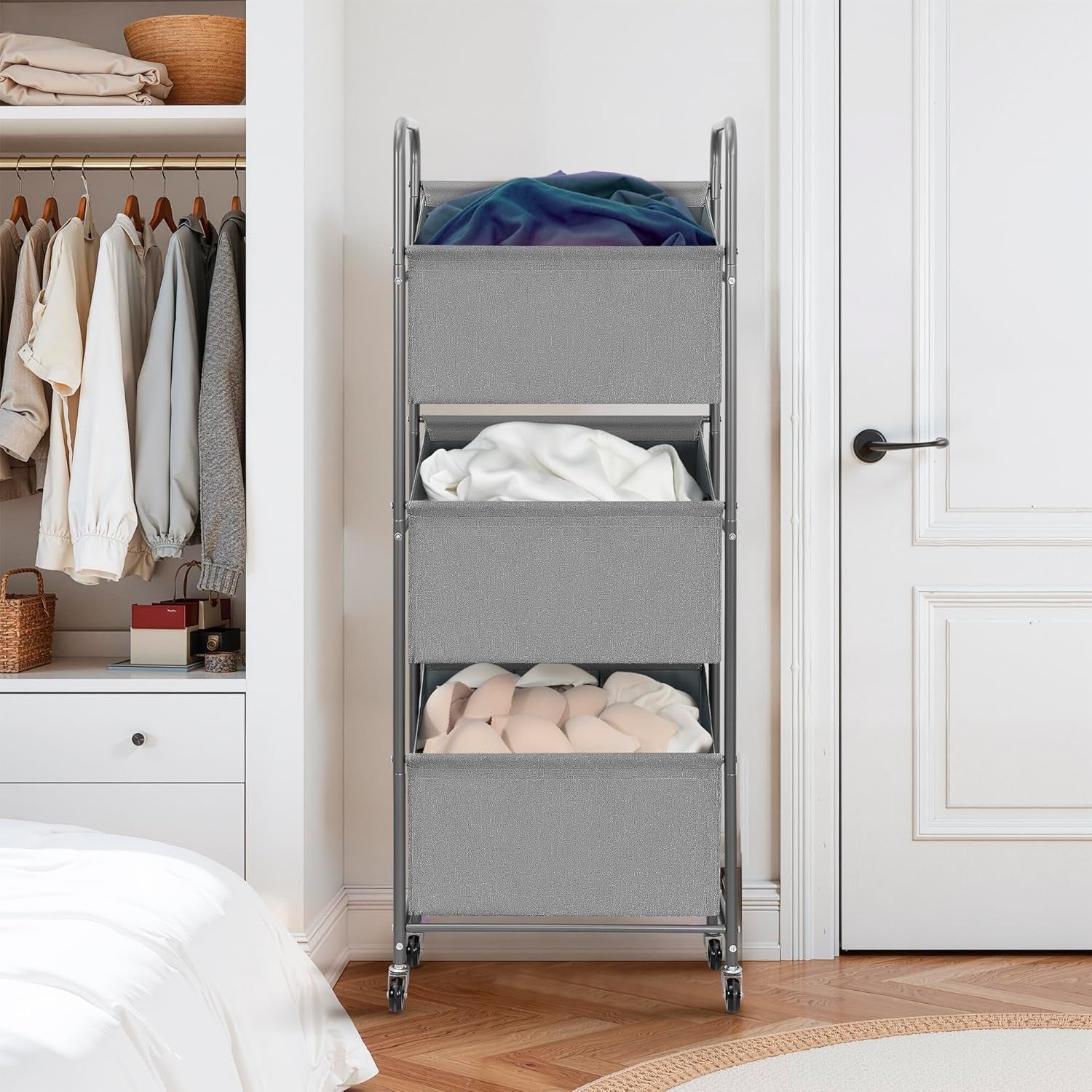 3-Tier Rolling Laundry Sorter with Removable Bags, 120L Vertical Hamper Grey