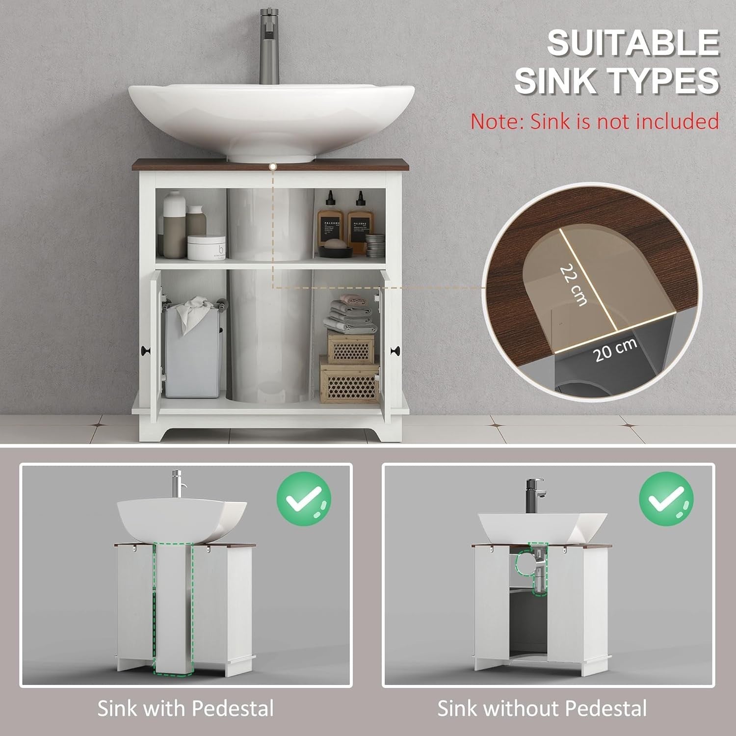 White Under Sink Bathroom Cabinet – 60cm Storage Unit with Doors & Shelf