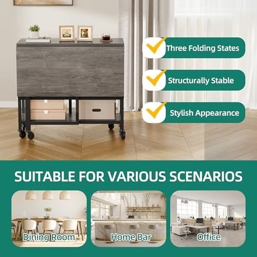 Grey Oak Folding Dining Table Drop Leaf Mobile with Storage 120cm