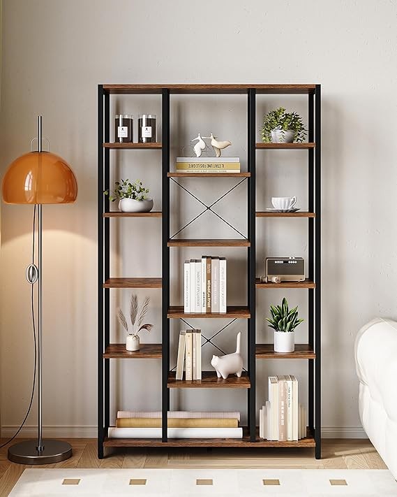 Tall 6 Tier Industrial Bookcase Rustic Brown Black Metal Shelves 15 Cube Storage