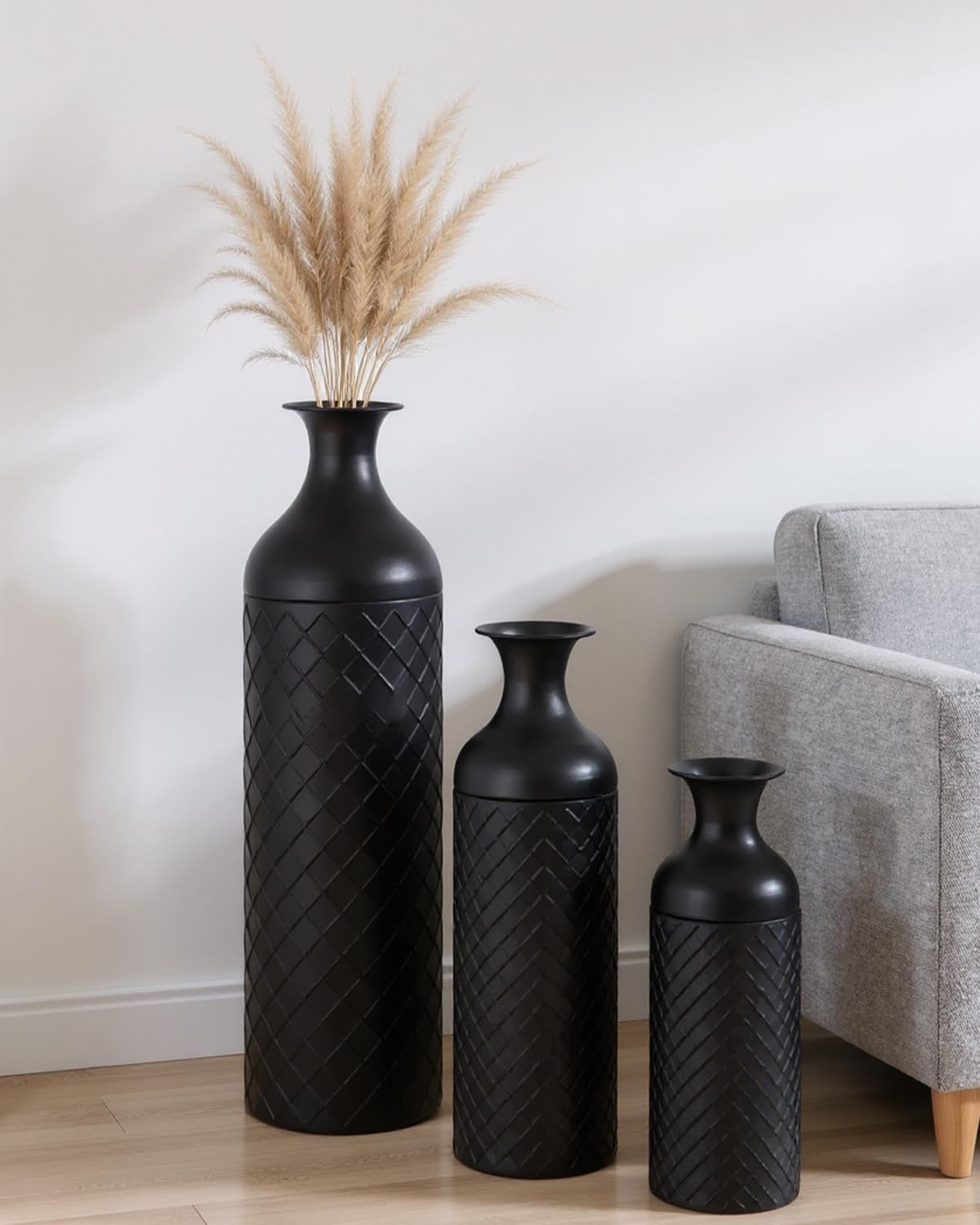 Tall Black Metal Floor Vases Set of 3 Modern Standing Home Decor
