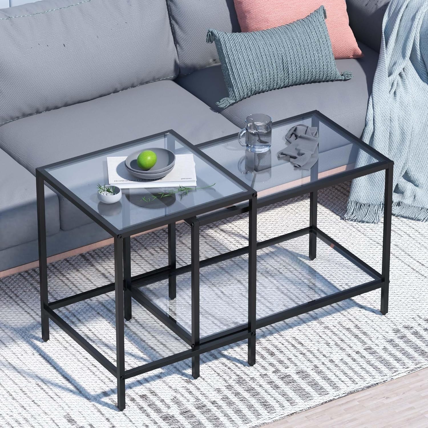 Modern Nesting Coffee End Table Set Glass Top Black Iron Frame Rectangular