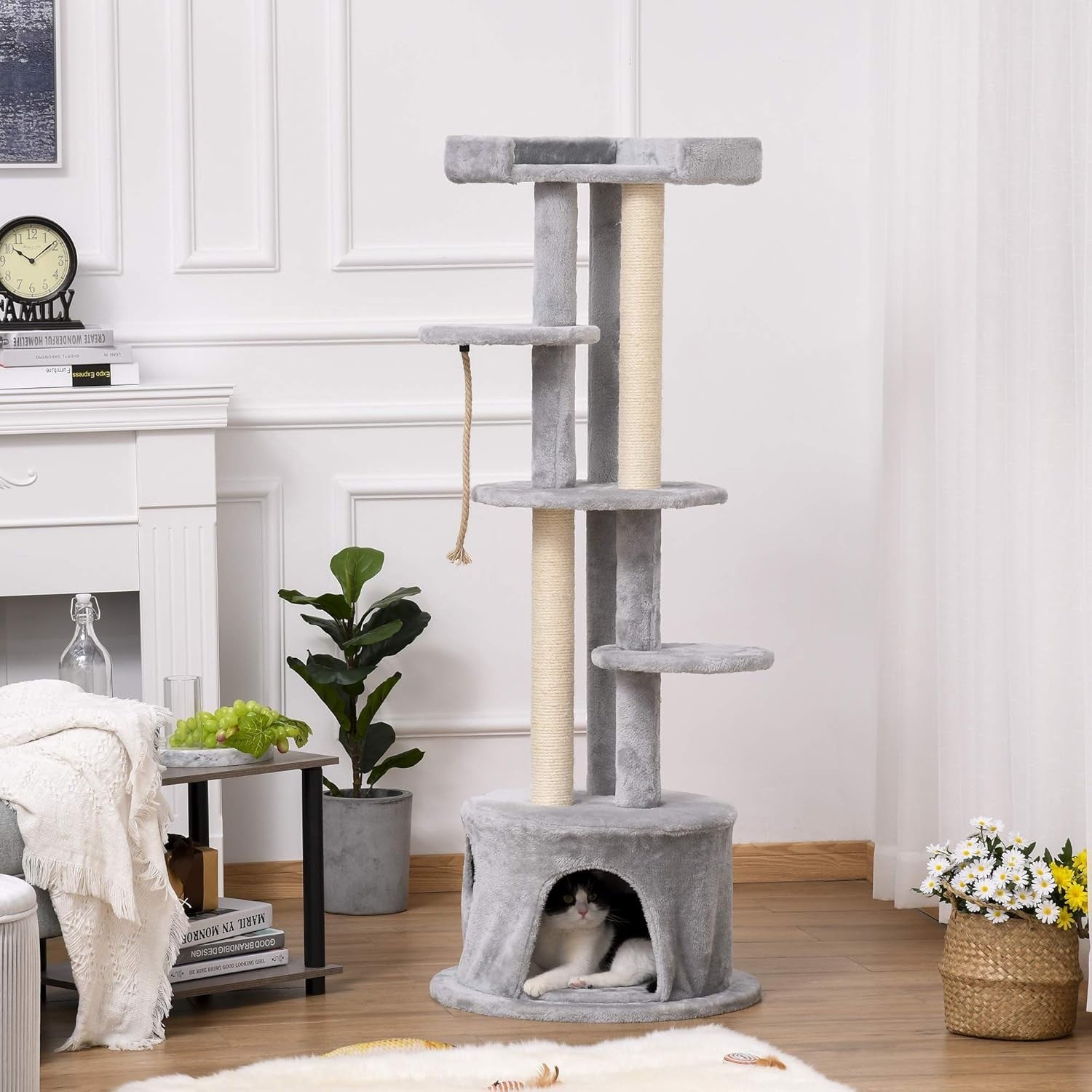 Grey Cat Tree Tower with Condo Scratching Posts Tall Multi Level Play Perches
