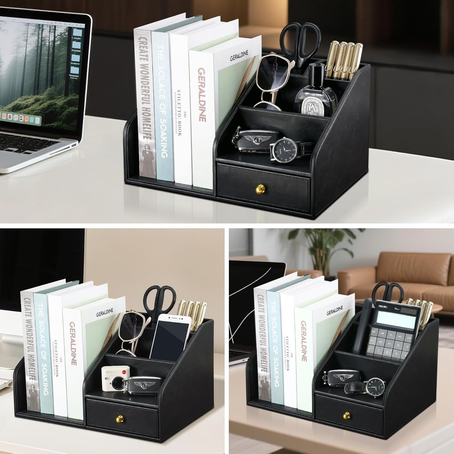 Black PU Leather Desk Organizer with A4 Magazine Rack & Pen Holder