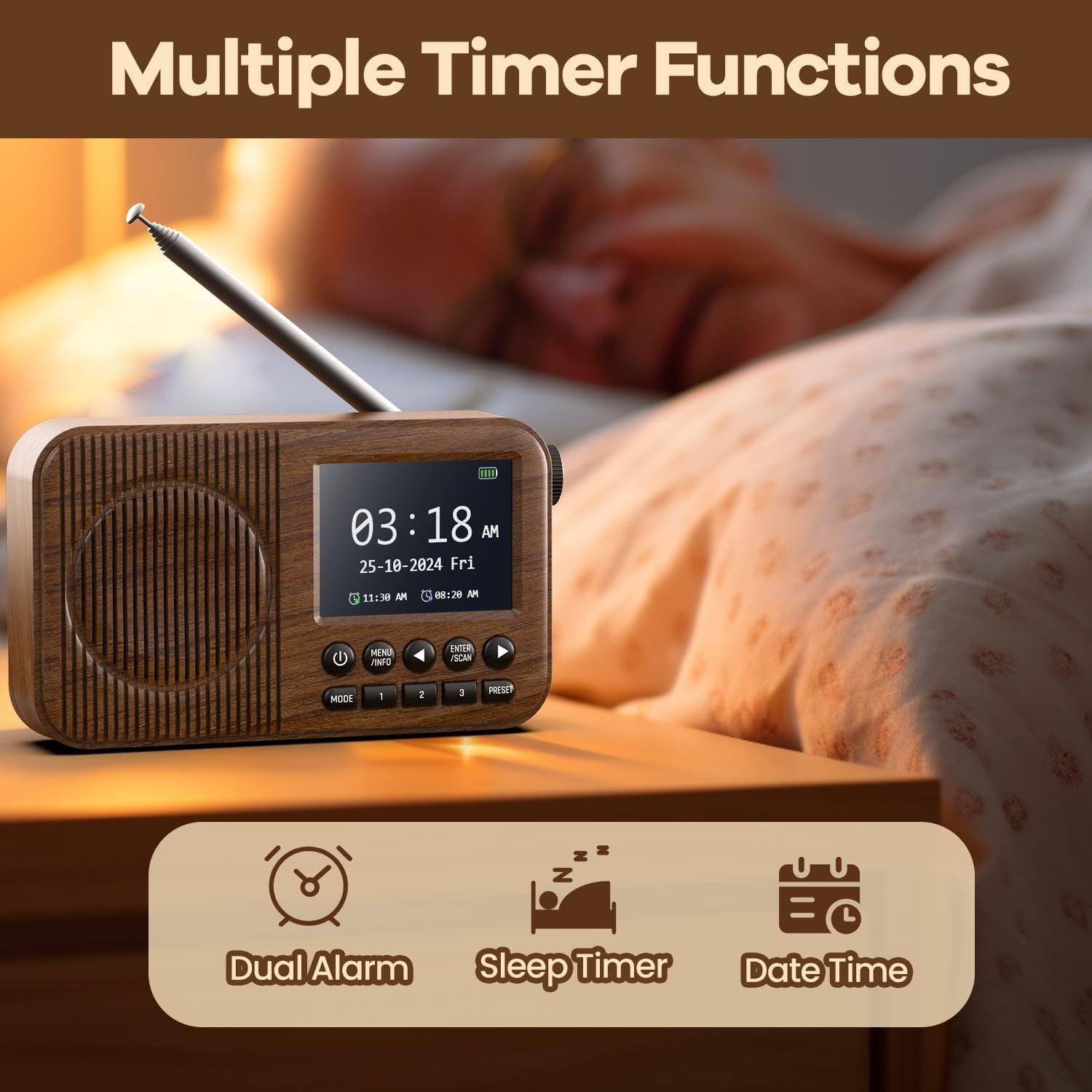 Portable Digital Radio Bluetooth Rechargeable Dual Alarm Colour Display