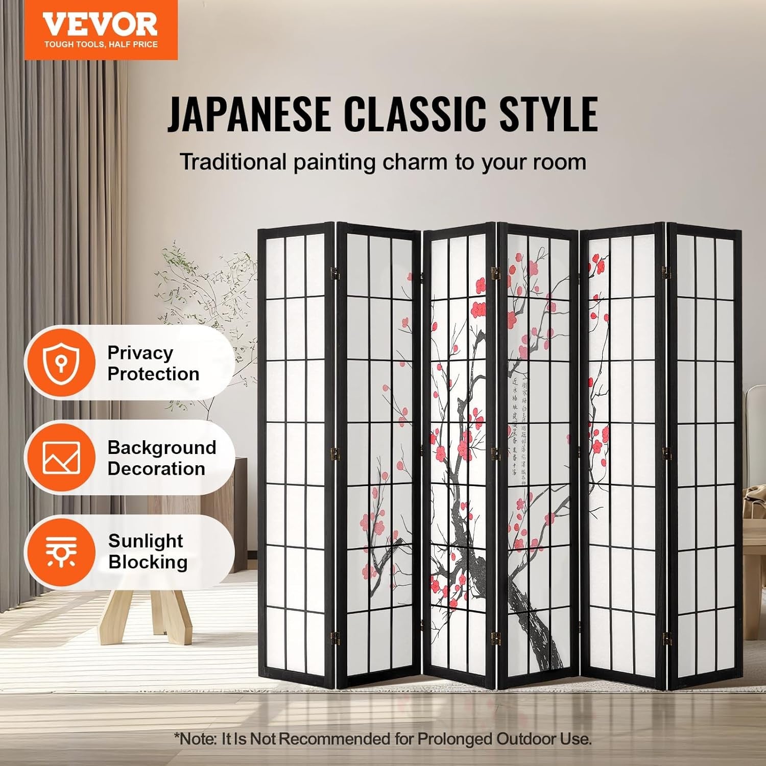 6 Panel Japanese Folding Room Divider Cherry Blossom Privacy Screen 240x170cm