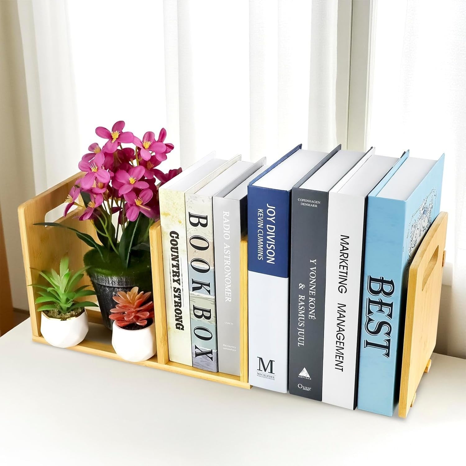 Expandable Bamboo Desktop Bookshelf Adjustable Book Organizer with Carry Handles